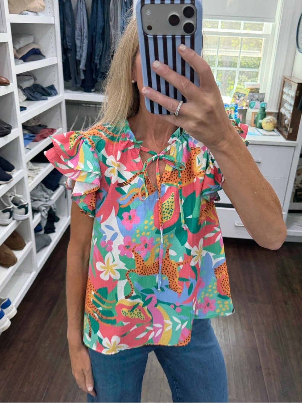 Avara Women’s Tropical Floral Ruffle Sleeve Top - Green/Pink S NWT